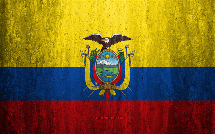 Ekvador, taş doku Ekvador bayrağı, 4k, taş arka plan, grunge bayrak, G&#252;ney Amerika, bayrak, grunge sanat, ulusal sembol
