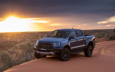 2019, Ford F-150 Raptor, blue camioncino, deserto, tramonto, SUV, blu nuovo F-150 Raptor, auto americane, Ford