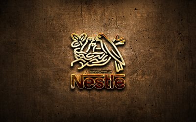 Nestle altın logo, resimler, kahverengi metal arka plan, yaratıcı, Nestle logo, marka, Nestle
