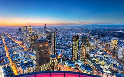 Frankfurt, pilvenpiirtäjiä, illalla, kaupunkikuva, sunset, moderni rakennus, liikekeskukset, Frankfurt am Main, Saksa
