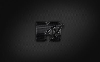 MTV black logo, music brands, creative, metal grid background, MTV logo, brands, MTV