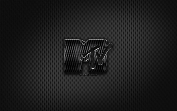 MTV logotipo negro, m&#250;sica, marcas, creativo, rejilla de metal de fondo, MTV logotipo, MTV