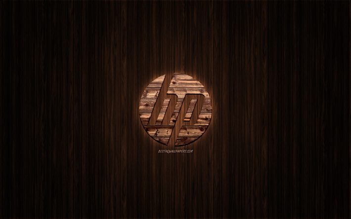 HP logo, wooden logo, Hewlett-Packard logo, wooden background, HP, emblem, brands, wooden art, Hewlett-Packard