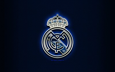 Real Madrid FC, glass logo, blue rhombic background, LaLiga, soccer, spanish football club, football, Real Madrid logo, creative, Real Madrid CF, Spain, La Liga