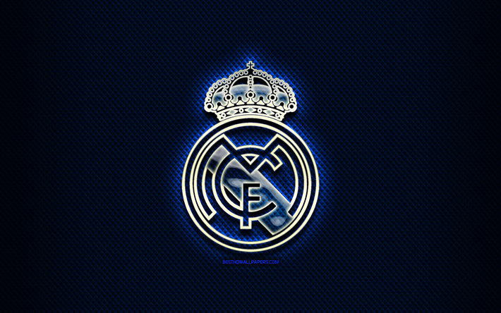 Real Madrid FC, logo di vetro, blu rombico sfondo, LaLiga, calcio, squadra di calcio spagnola, Real Madrid, logo, creativo, Real Madrid CF, la Spagna, La Liga