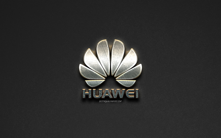 Huawei logotipo, acero logotipo, marcas de f&#225;brica, de acero de arte, Huawei emblema de metal, de piedra gris de fondo, arte creativo, Huawei, emblemas
