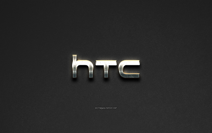 HTC logo &#231;elik logo, Akıllı telefonlar, markalar, &#231;elik sanat, gri taş arka plan, yaratıcı sanat, HTC, amblemler