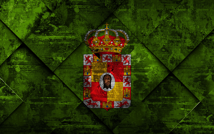 Jaen bayrak, 4k, grunge sanat, rhombus grunge doku, İspanyol Eyaleti, İspanya, ulusal semboller, Jaen, iller İspanya, yaratıcı sanat