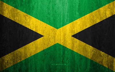 Drapeau de la Jama&#239;que, 4k, stone background grunge flag, North America, Jamaica flag grunge, art, symbole national, la Jama&#239;que, stone texture