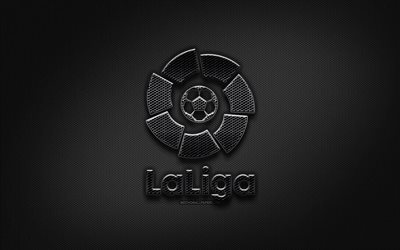 LaLiga svart logo, kreativa, metalln&#228;t bakgrund, fotbollsligorna, LaLiga logotyp, varum&#228;rken, LaLiga