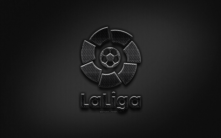 LaLiga logo noir, cr&#233;ative, le m&#233;tal de la grille d&#39;arri&#232;re-plan, les ligues de football, LaLiga logo, marques, LaLiga