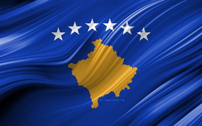 4k, Kosovos flagga, Europeiska l&#228;nder, 3D-v&#229;gor, Flaggan i Kosovo, nationella symboler, Kosovo 3D-flagga, konst, Europa, Kosovo