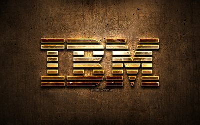 IBM golden logo, artwork, brown metal background, creative, IBM logo, brands, IBM