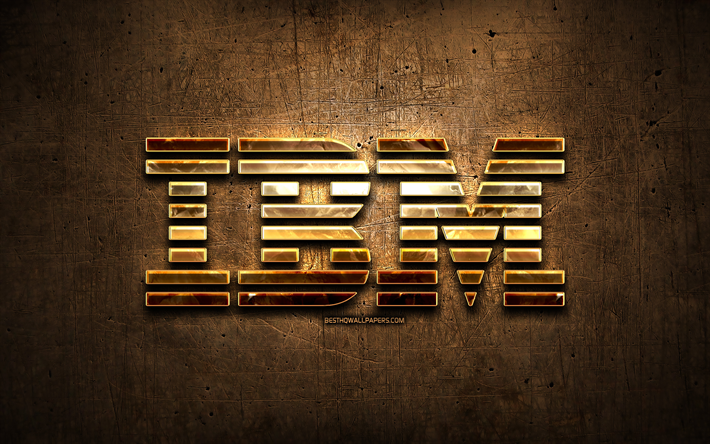 ibm-goldene logo -, grafik -, braun-metallic hintergrund, kreativ, das ibm logo, marken, ibm