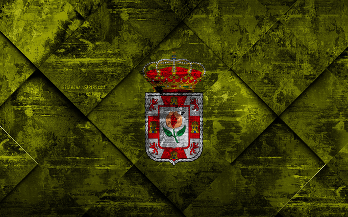 flagge von granada, 4k, grunge, kunst, rhombus grunge-textur, spanische provinz, granada, spanien-flag, spanien, nationale symbole, provinzen von spanien