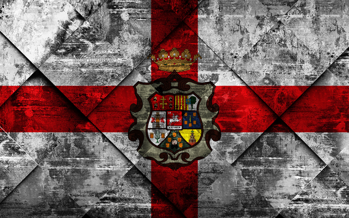 Bandiera di Huesca, 4k, grunge, arte, rombo grunge, texture, spagnolo, provincia di Huesca, bandiera, Spagna, simboli nazionali, Huesca, province di Spagna, arte creativa