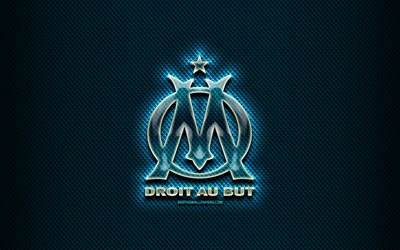 Olympique Marseille FC, glass logo, blue rhombic background, Ligue 1, soccer, french football club, Olympique Marseille logo, creative, OM, football, Olympique Marseille, France