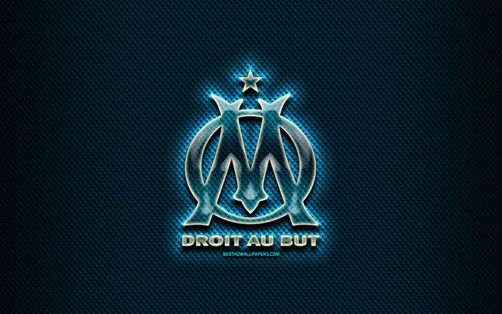 Olympique Marseille FC, glass logo, blue rhombic background, Ligue 1, soccer, french football club, Olympique Marseille logo, creative, OM, football, Olympique Marseille, France