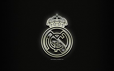 Real Madrid CF, cam logosu, siyah eşkenar arka plan, LaLiga, futbol, İspanyol Futbol Kul&#252;b&#252;, Real Madrid logo, yaratıcı, Real Madrid FC, İspanya, UEFA Şampiyonlar Ligi