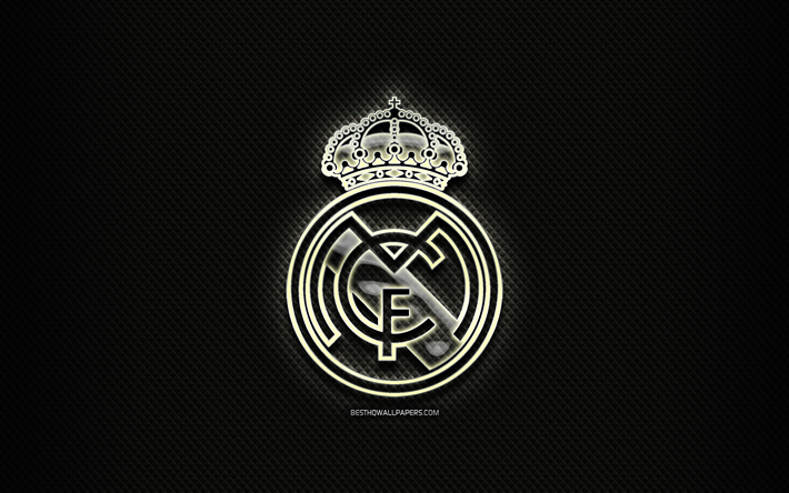 Real Madrid-CF, glas logotyp, svart rombiska bakgrund, LaLiga, fotboll, spansk fotbollsklubb, Real Madrid logotyp, kreativa, Real Madrid-FC, Spanien, Ligan
