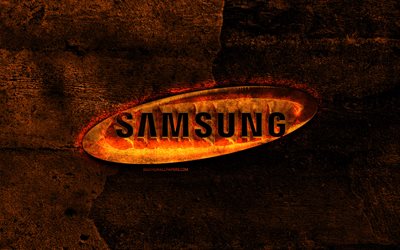 Samsung fiery logo, orange stone background, Samsung, creative, Samsung logo, brands
