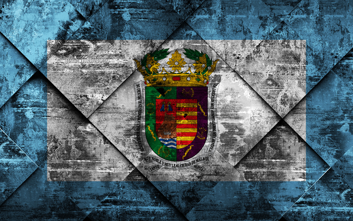 İspanya, yaratıcı sanat Malaga bayrağı, 4k, grunge sanat, rhombus grunge doku, İspanyol Eyaleti, Malaga bayrağı, ulusal semboller, Malaga, il