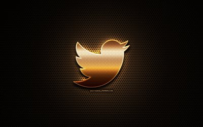Twitter glitter logo, creative, metal grid background, Twitter logo, brands, Twitter