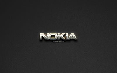 Nokia logo, steel logo, modern smartphones, brands, steel art, gray stone background, creative art, Nokia, emblems