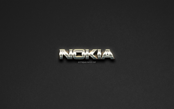 Nokia logo, &#231;elik logo, modern akıllı telefonlar, markalar, &#231;elik sanat, gri taş arka plan, yaratıcı sanat, Nokia, amblemler