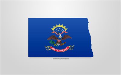 3d-flagga f&#246;r Norr Dakota, karta siluett of North Dakota, AMERIKANSKA staten, 3d-konst, North Dakota 3d-flagga, USA, Nordamerika, North Dakota, geografi, North Dakota 3d siluett