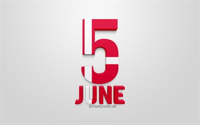 Il 5 giugno, Giorno della Costituzione della Danimarca, 3d, arte, bandiera della Danimarca, Grundlovsdag, sfondo bianco, creativo, arte 3d, biglietto di auguri