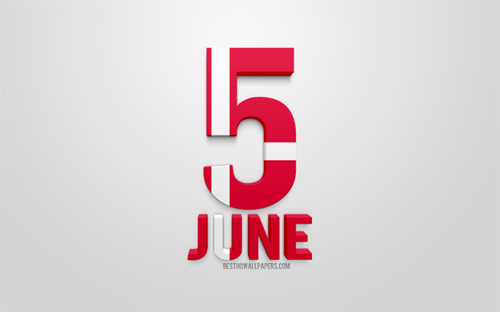 5 de junho de, Dia da constitui&#231;&#227;o da Dinamarca, Arte 3d, bandeira da Dinamarca, Grundlovsdag, fundo branco, criativo, arte 3d, cart&#227;o de sauda&#231;&#227;o