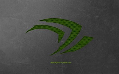 Nvidia logo, vihre&#228; metalli mesh logo, Nvidia, harmaa kivi tausta, creative art