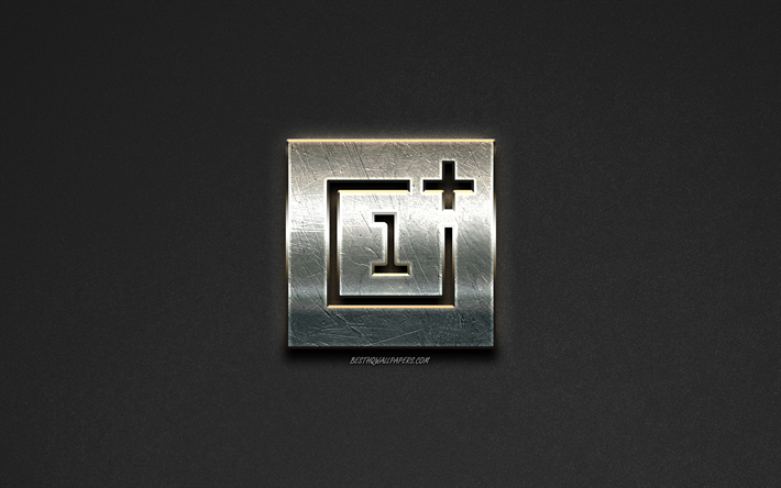 OnePlus logo, acier logo, les marques, l&#39;acier de l&#39;art, en pierre grise, fond, art cr&#233;atif, OnePlus, embl&#232;mes