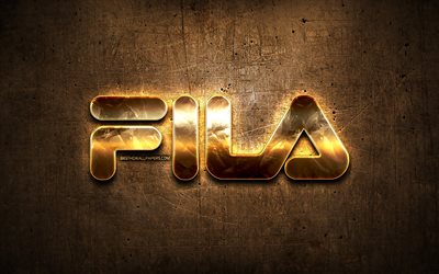 Fila golden logo, sports brands, artwork, brown metal background, creative, Fila logo, brands, Fila
