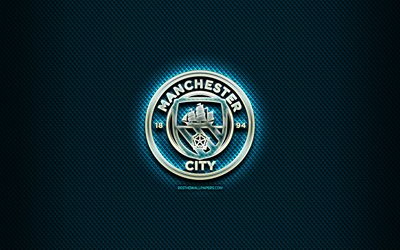 Manchester City FC, lasi logo, sininen rombista tausta, Premier League, jalkapallo, englannin football club, Manchester City-logo, luova, Manchester City, Englanti