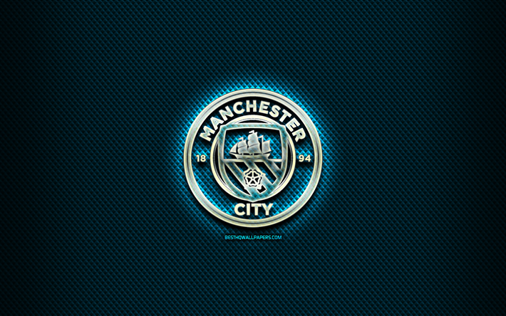 Manchester City FC, glass logo, blue rhombic background, Premier League, soccer, english football club, Manchester City logo, creative, Manchester City, football, England