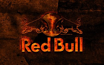 Red Bull fiery logo, orange stone background, Red Bull, creative, Red Bull logo, brands
