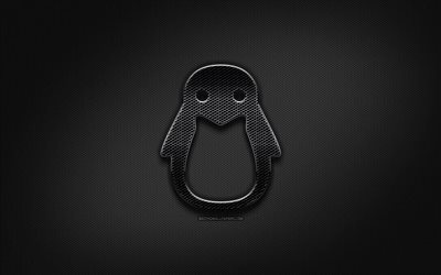 Linux logo nero, creativo, griglia di metallo sfondo, OS, Linux, logo, marchi