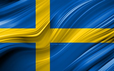 4k, Swedish flag, European countries, 3D waves, Flag of Sweden, national symbols, Sweden 3D flag, art, Europe, Sweden