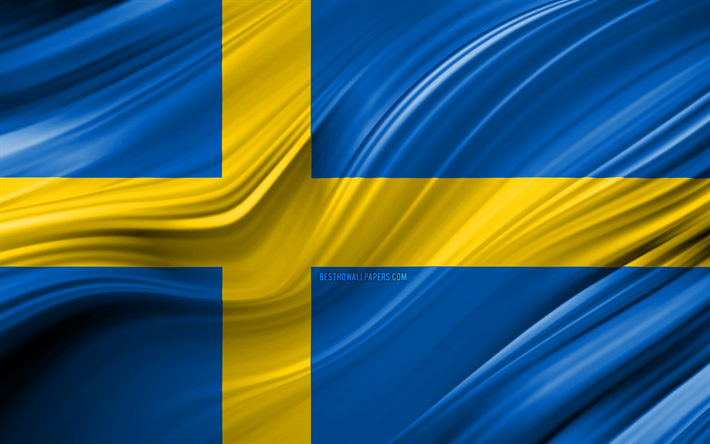 4k, スウェーデンのフラグ, 欧州諸国, 3D波, 旗のスウェーデン, 国立記号, スウェーデンの3Dフラグ, 美術, 欧州, スウェーデン