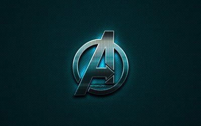 Avengers glitter logo, creative, 2019 movie, blue metal background, Avengers logo, brands, Avengers