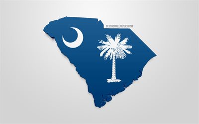 &quot;3d drapeau de la Caroline du Sud, la carte de la silhouette de la Caroline du Sud, &#233;tats-UNIS d&#39;etat, art 3d, la Caroline du Sud en 3d drapeau, etats-unis, Am&#233;rique du Nord, Caroline du Sud, de la g&#233;ographie, de la Caroline du Sud