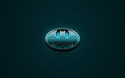 Batmanglitter logotyp, kreativa, superhj&#228;ltar, bl&#229; metall bakgrund, Batman logotyp, varum&#228;rken, Batman
