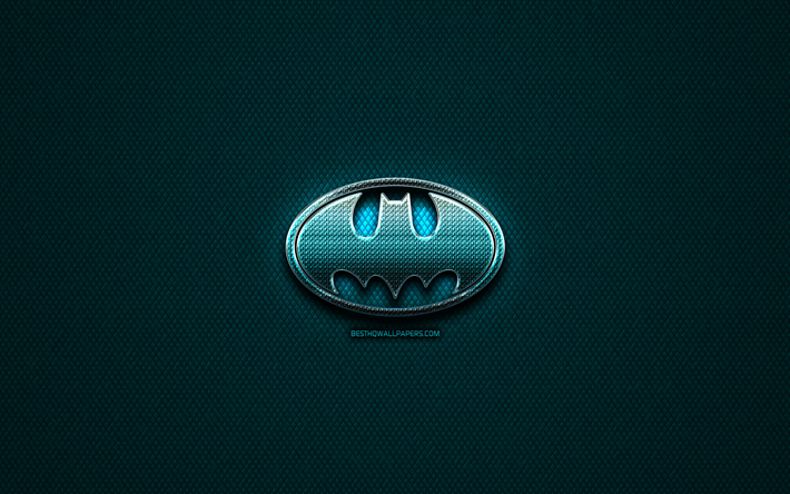 Batmanglitter logotipo, creativo, de superh&#233;roes, de metal de color azul de fondo, el logo de Batman, marcas, Batman