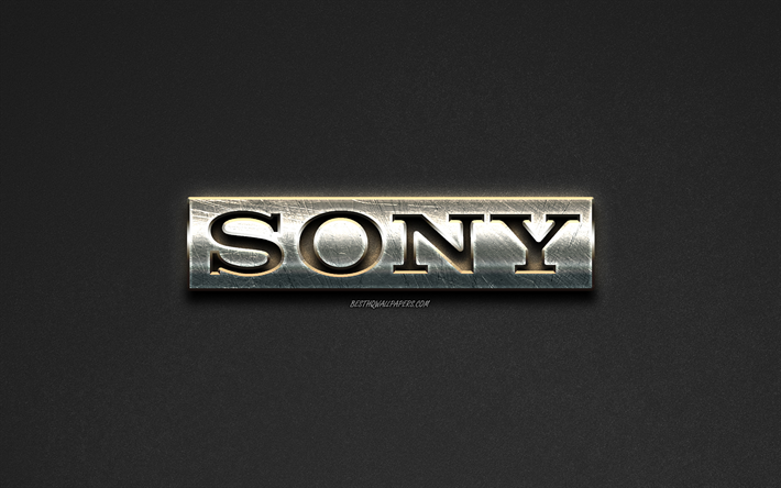 Sony logo, steel logo, brands, steel art, gray stone background, creative art, Sony, emblems