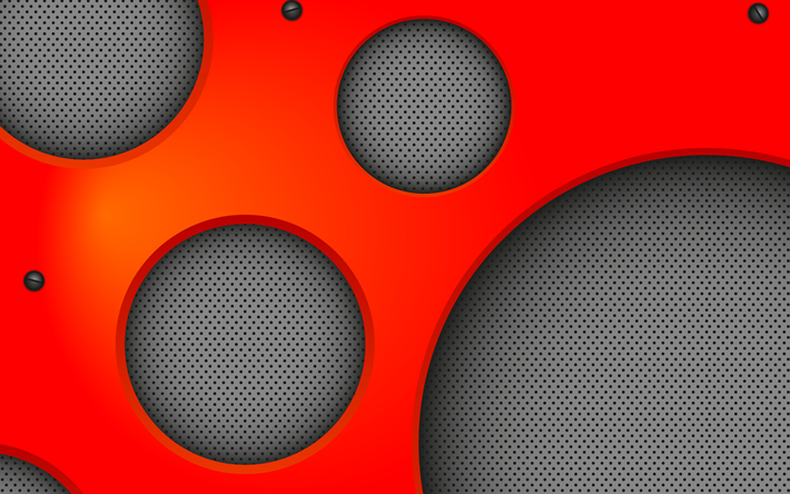 circles, 3D art, 4k, metal grid, creative, red and black background, artwork