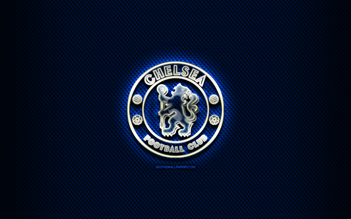 Chelsea FC, glas logotyp, bl&#229; bakgrund rombiska, Premier League, fotboll, engelska football club, Chelsea logotyp, kreativa, Chelsea, England