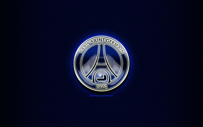 Paris Saint-Germain, glass logo, blue rhombic background, Ligue 1, soccer, french football club, PSG logo, creative, football, PSG, France