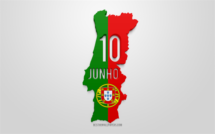 10 juni, portugal-tag, 10 de junho, tag der portugal-karte silhouette von portugal, nationalfeiertag, 3d-kunst, portugal 3d flag